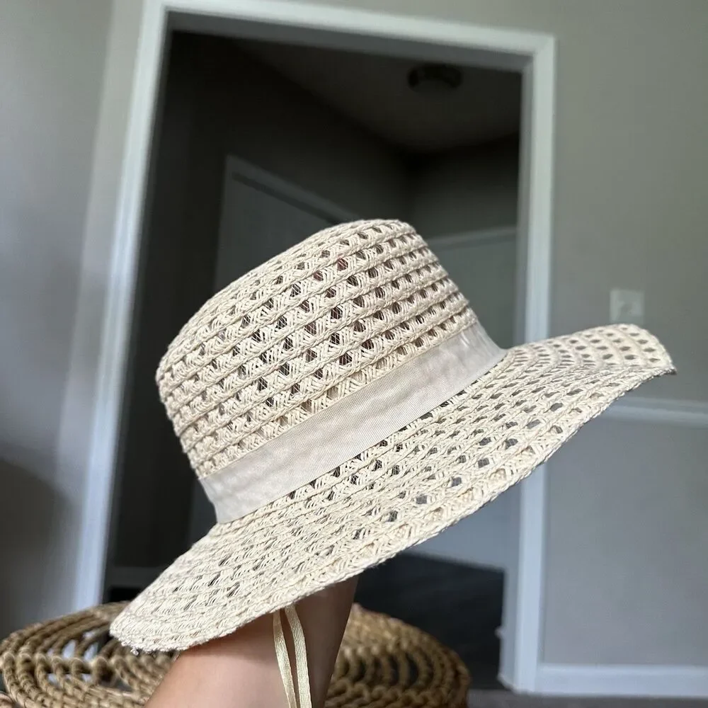 Free People Beige Crochet Woven Straw Sun Hat One Size Summer Beach
